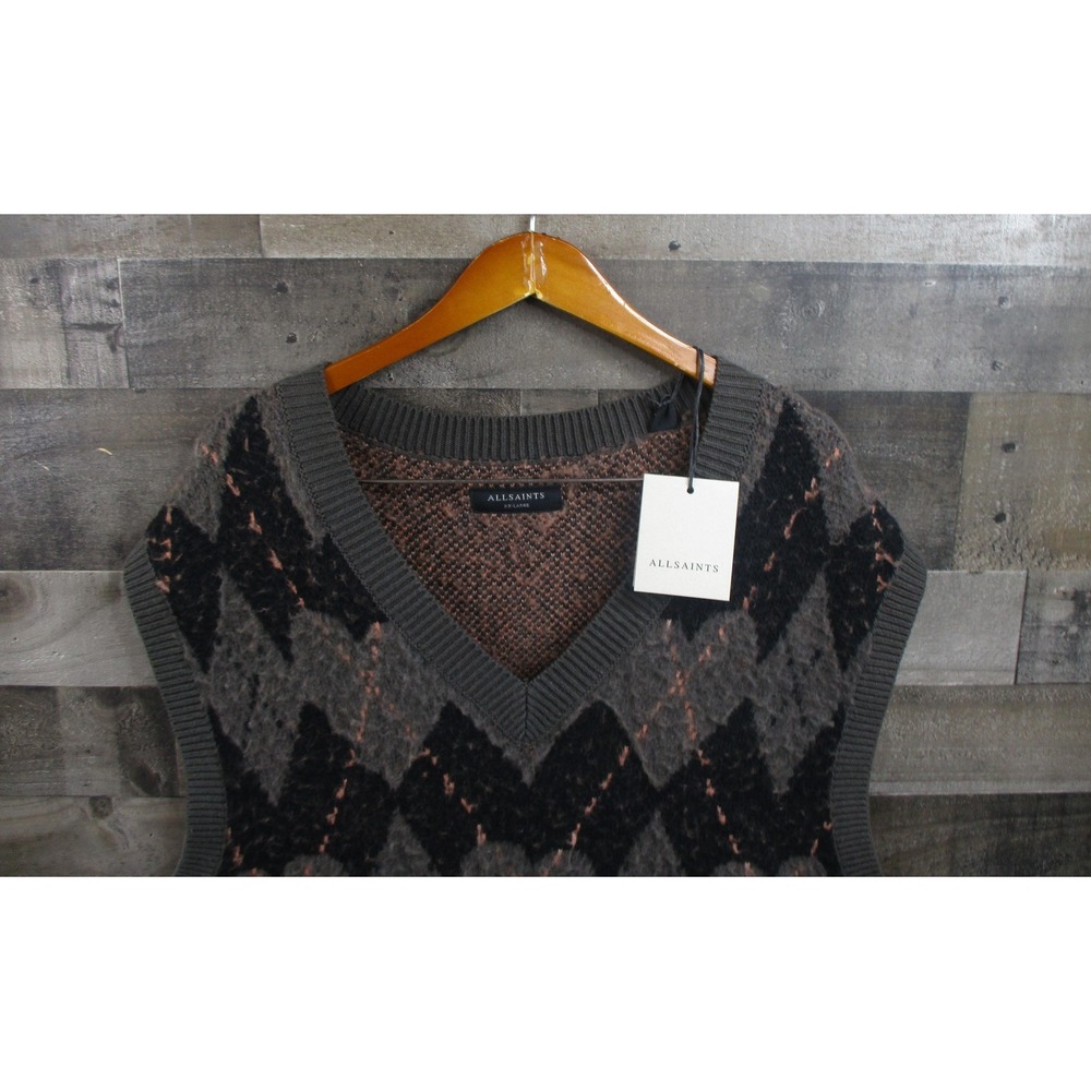 AllSaints Sweater Vest Mens 2XL Khaki Green Adore Tank Argyle Knit Pullover NEW